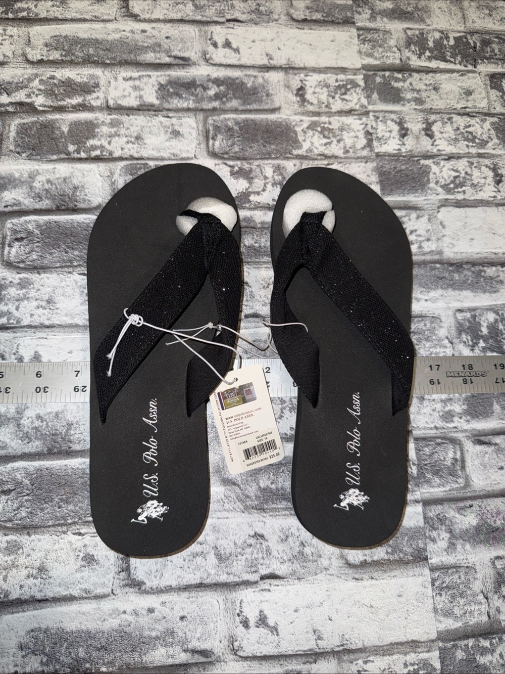 U.S. POLO ASSN. Women’s Black Flip Flops Thong Sandals Size 10 Sparkles NWT